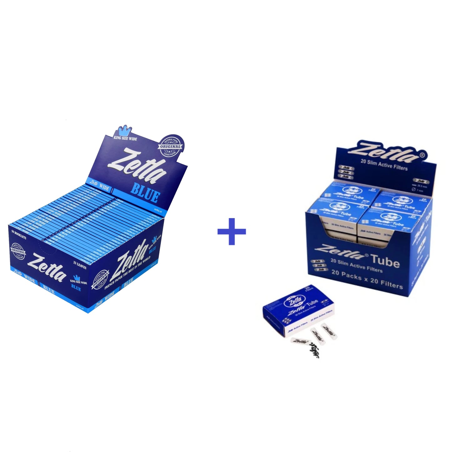 Zetla Rolling Papers Blue King Size Wide (50 Packs) + Zetla Slim Active Filters 20 Pieces (Display)