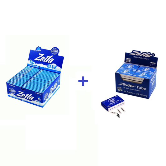 Zetla Rolling Papers Blue XL Size Wide (50 Packs) + Zetla Slim Active Filters 20 Pieces (Display)