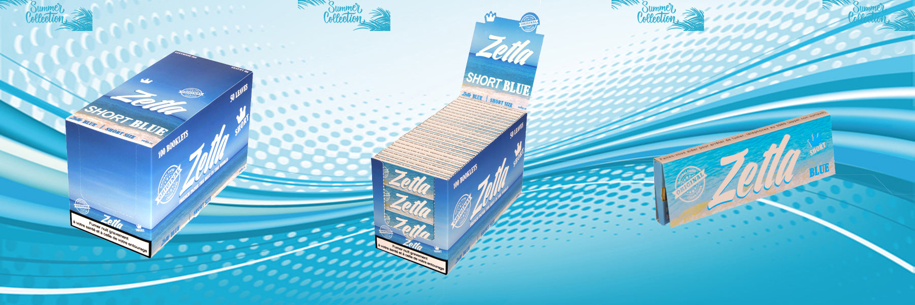 Front view of Zetla short rolling papers with blue beach design