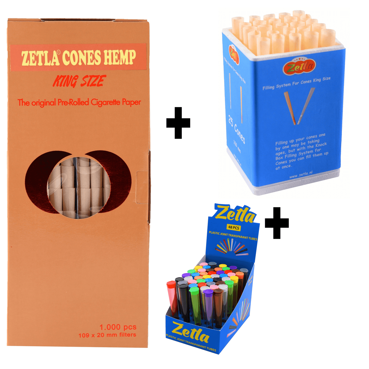 Pre Rolled Cones Zetla Hemp King Size (1000 Pcs) + Zetla Joint Tubes Transparent + Knock Box 25 - Zetla