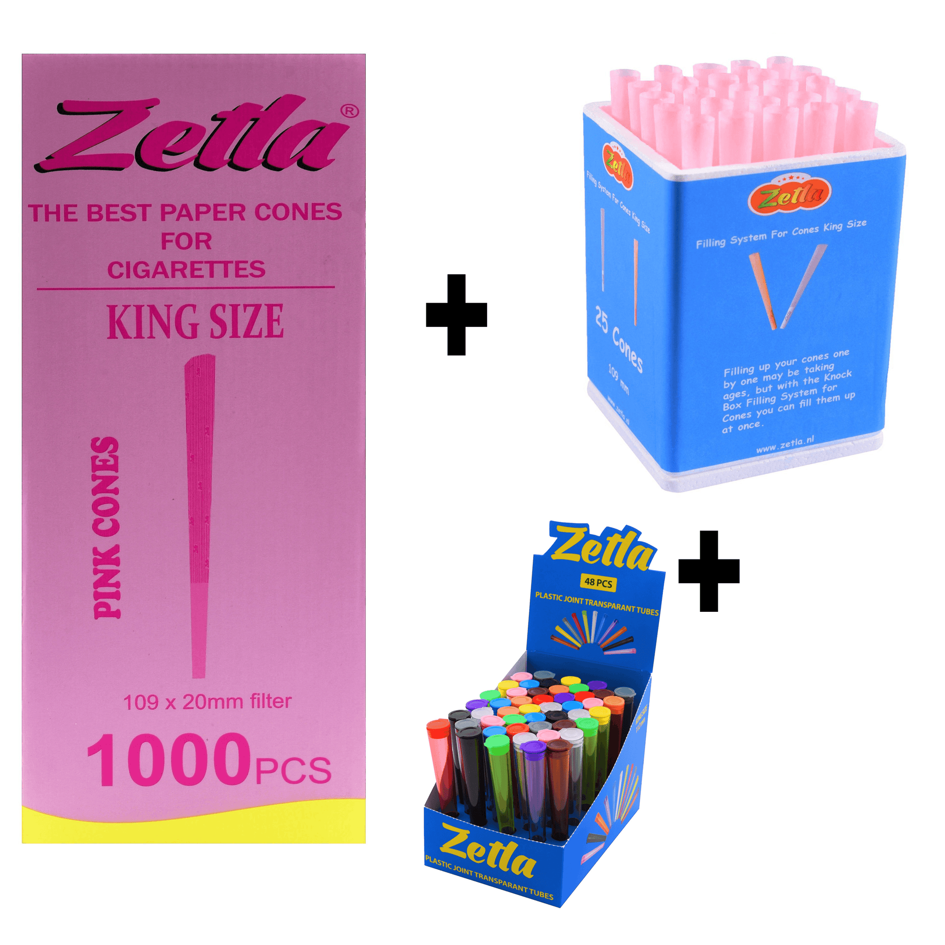 Pre Rolled Cones Zetla Pink King Size (1000 Pcs) + Zetla Joint Tubes Transparent + Knock Box 25 - Zetla