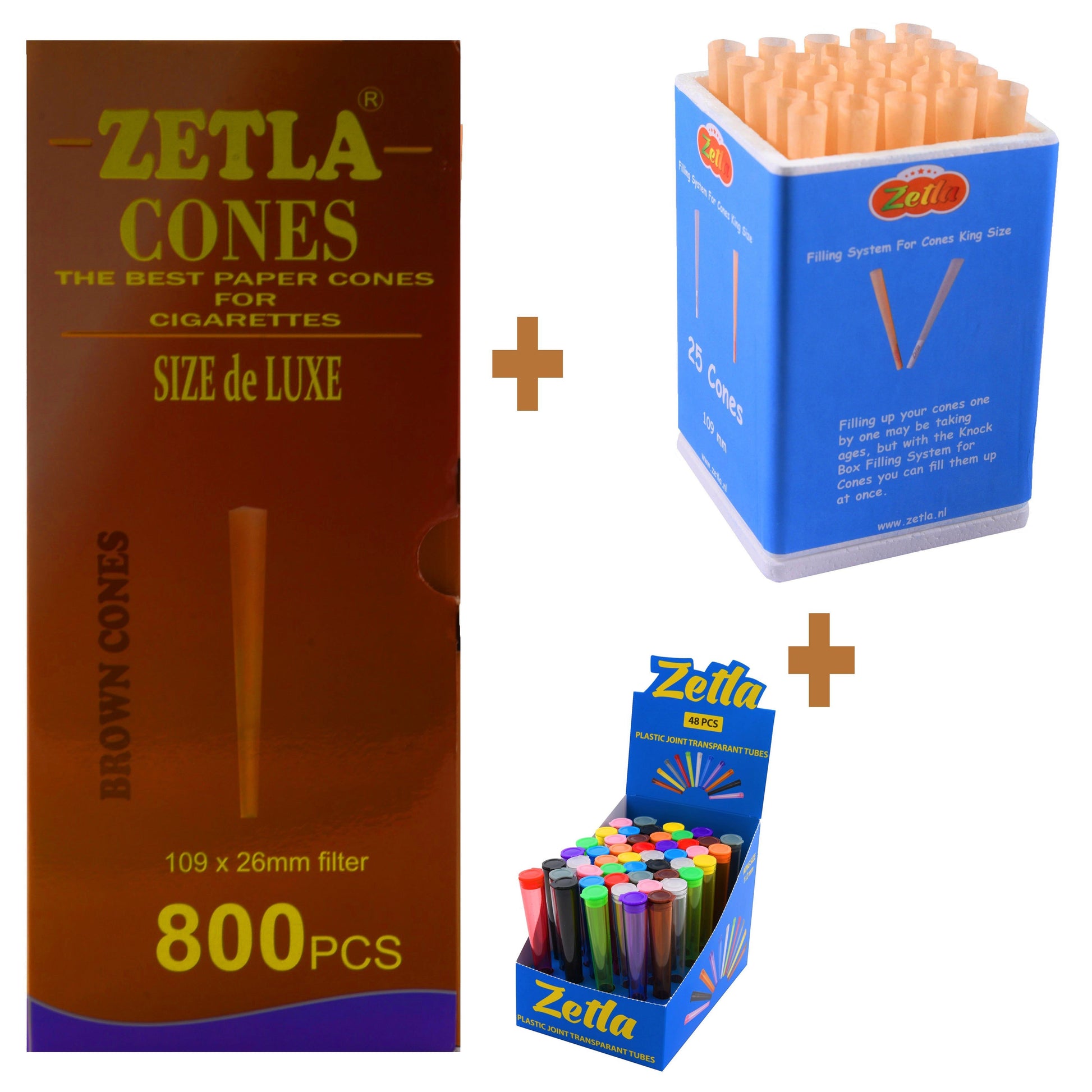 Pre Rolled Cones Zetla Brown King Size Deluxe (800 Pcs) + Zetla Joint Tubes Transparent + Knock Box 25 - Zetla