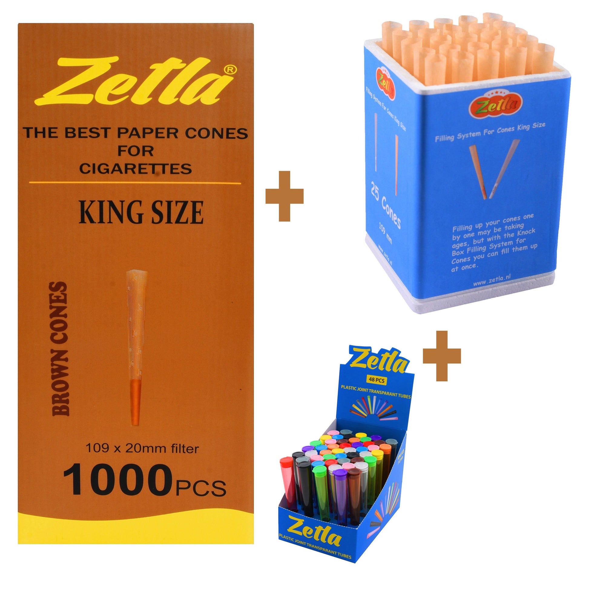 Pre Rolled Cones Zetla Brown King Size (1000 Pcs) + Zetla Joint Tubes Transparent + Knock Box 25 - Zetla