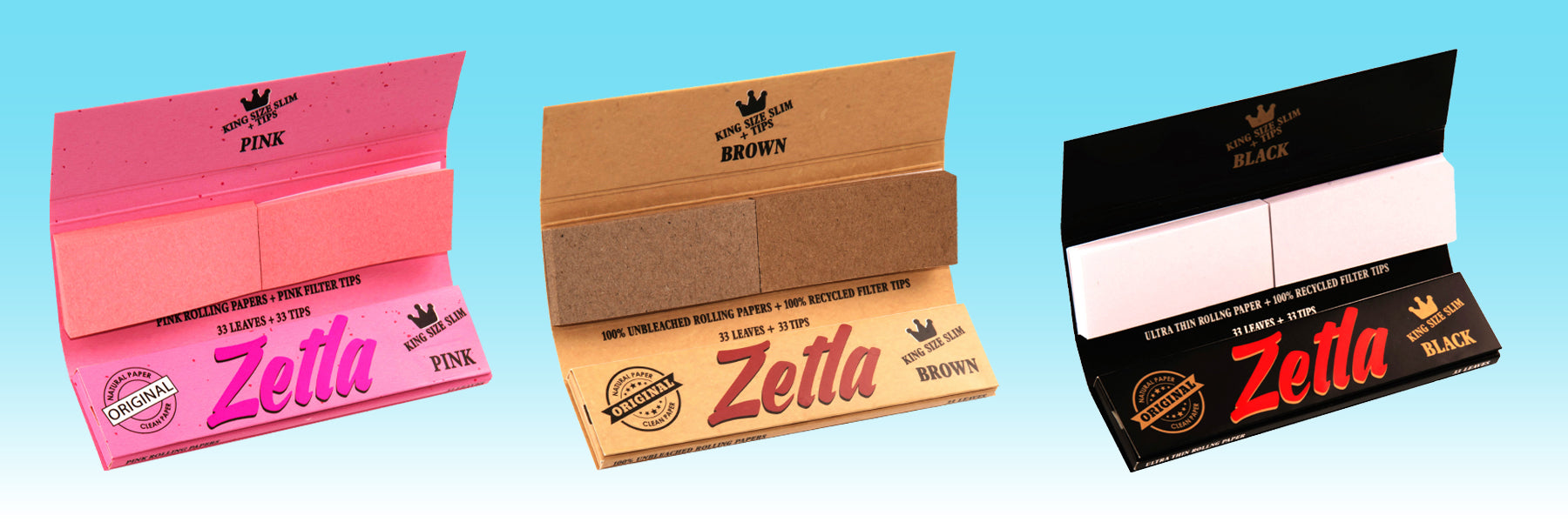 Front view of Zetla filter tips in pink, brown and black packs