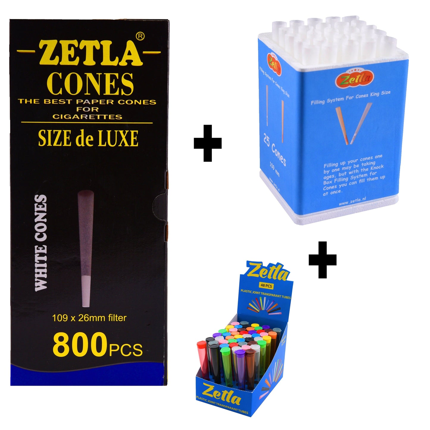 Pre Rolled Cones Zetla King Size Deluxe (800 Pcs) + Zetla Joint Tubes Transparent + Knock Box 25 - Zetla