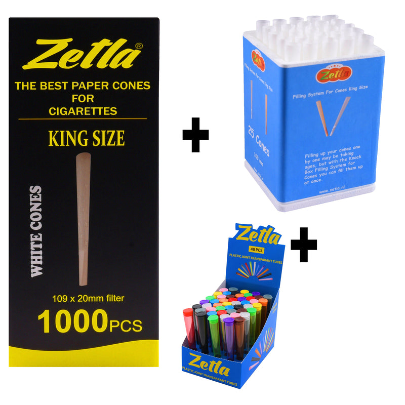 Pre Rolled Cones Zetla King Size (1000 Pcs) + Knock Box 25 + Tubes 48 Transparant - Zetla