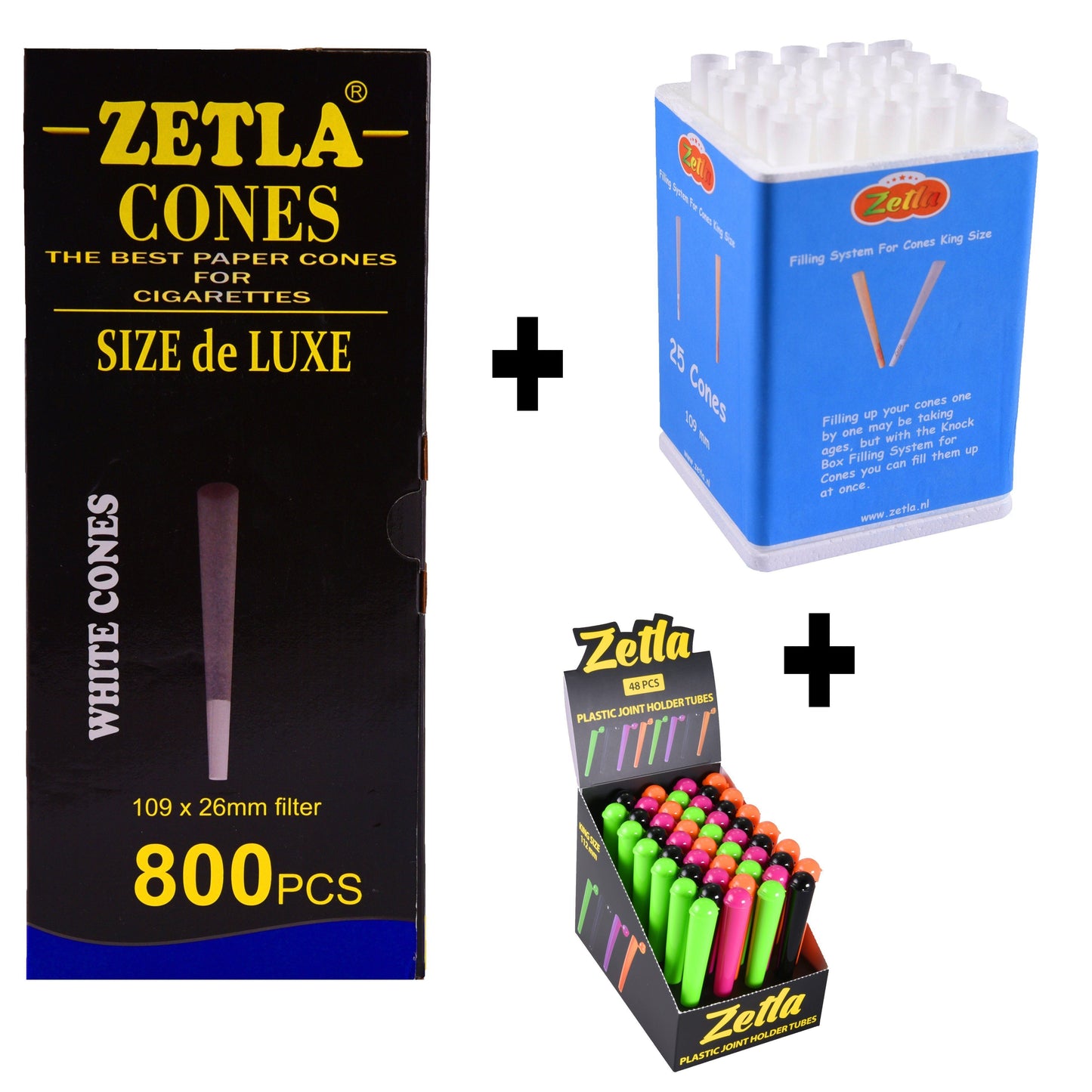 Pre Rolled Cones Zetla King Size Deluxe (800 Pcs) + Joint Tubes Zetla (48 Pcs) + Knock Box 25 - Zetla