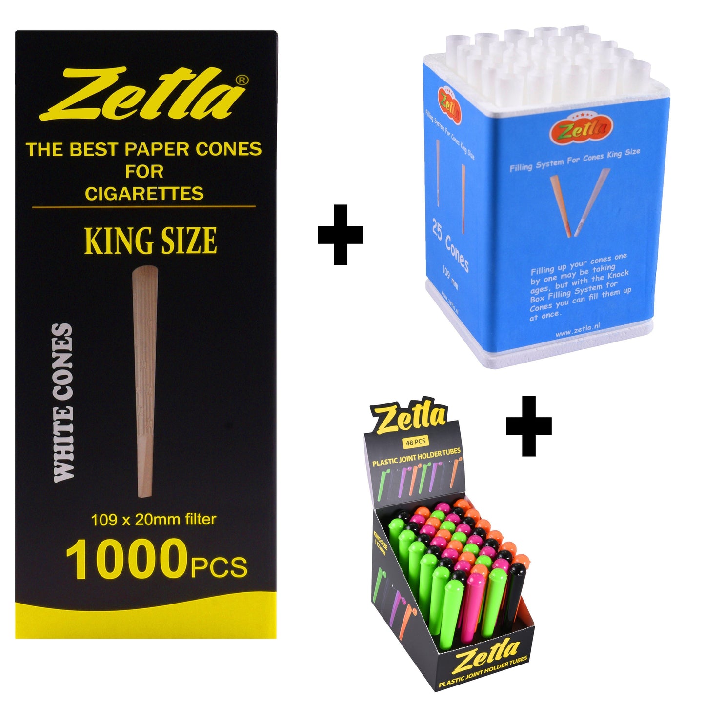 Pre Rolled Cones Zetla King Size (1000 Pcs) + Joint Tubes Zetla (48 Pcs) + Knock Box 25 - Zetla