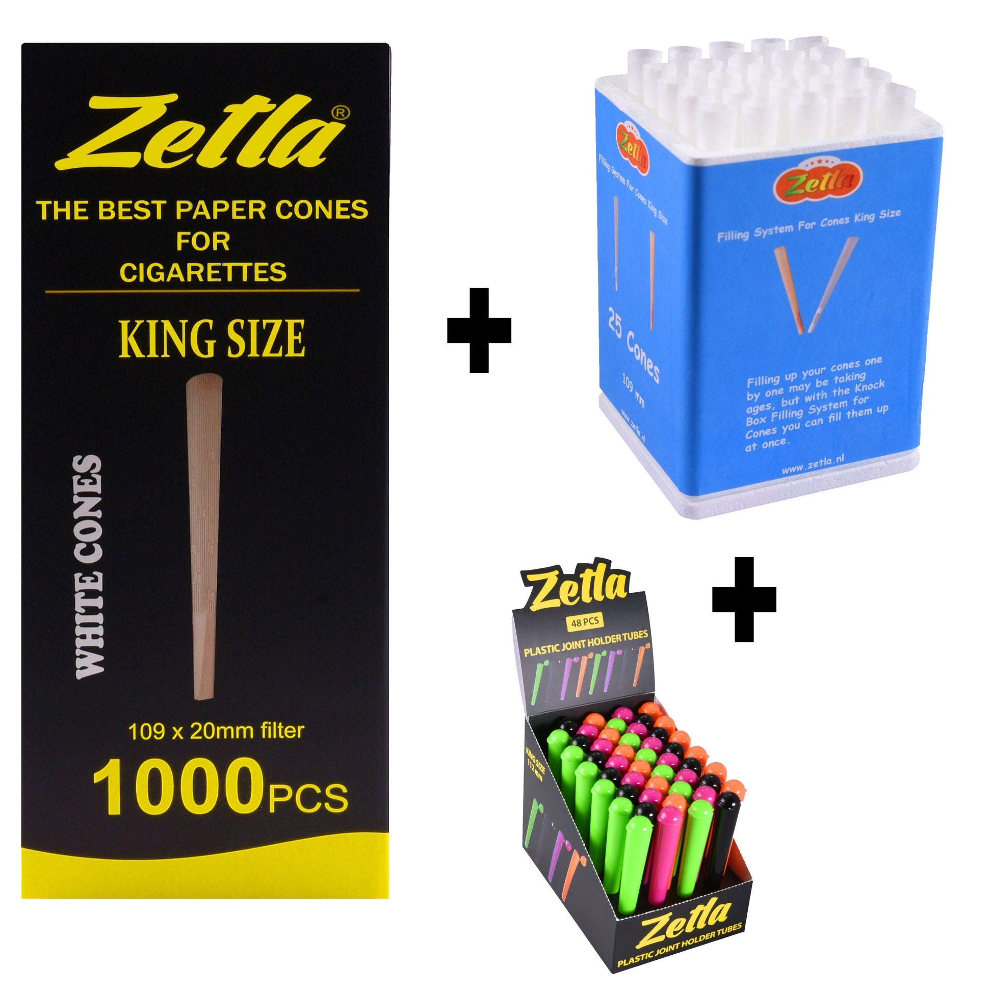 Pre Rolled Cones Zetla King Size (1000 Pcs) + Joint Tubes Zetla (48 Pcs) + Knock Box 25 - Zetla