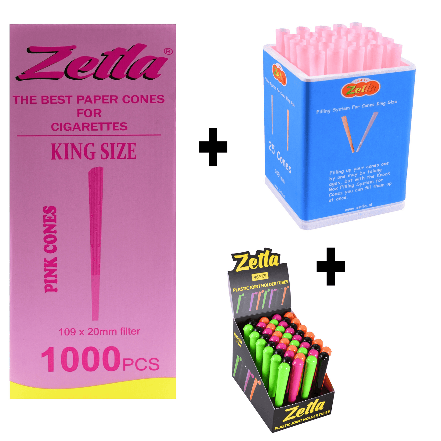 Pre Rolled Cones Zetla Pink King Size (1000 Pcs) + Joint Tubes Zetla (48 Pcs) + Knock Box 25 - Zetla