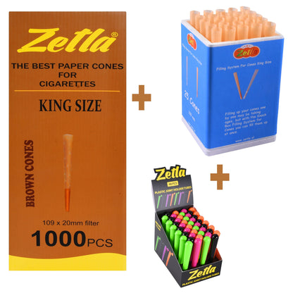 Pre Rolled Cones Zetla Brown King Size (1000 Pcs) + Joint Tubes Zetla (48 Pcs) + Knock Box 25 - Zetla