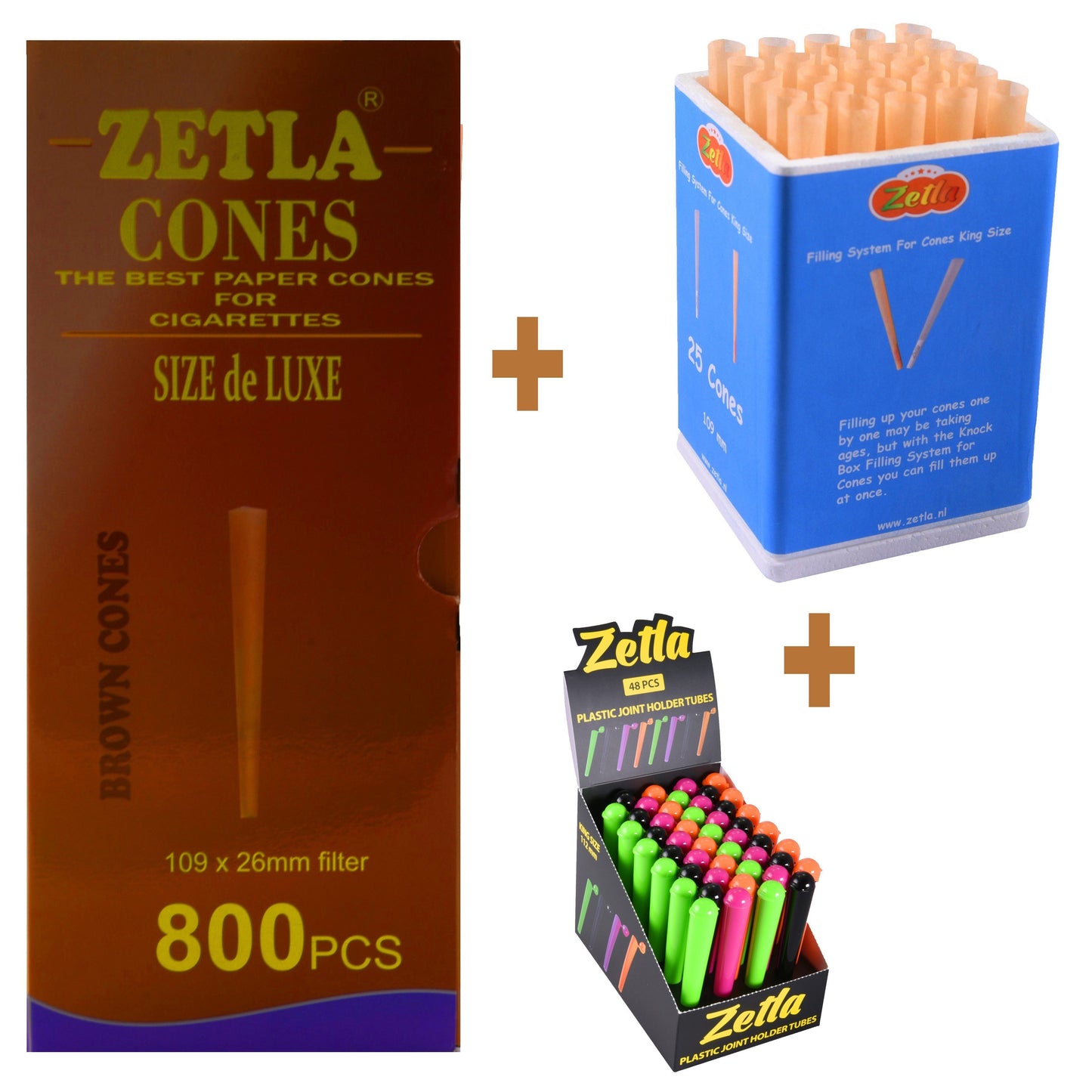 Pre Rolled Cones Zetla Brown King Size Deluxe (800 Pcs) + Joint Tubes Zetla (48 Pcs) + Knock Box 25 - Zetla